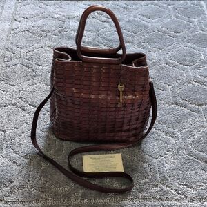 Fossil Woven Leather Shoulder Bag in Deep Brown
